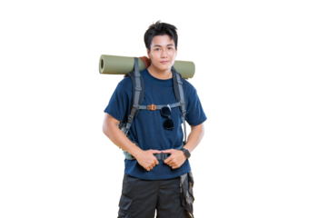 A Young Adventurer Ready for Exploration with Backpack and Mat on png background