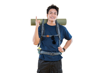 A male hiker with a backpack pointing upward. The hiker carries a roll mat on their back and looks...