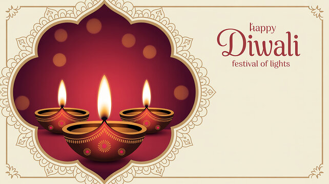 Happy Diwali greeting with three lit diyas and ornate border festival of lights lamp