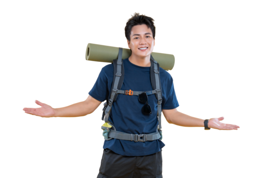 A cheerful young man preparing for an adventure with backpack and welcoming gesture on png background