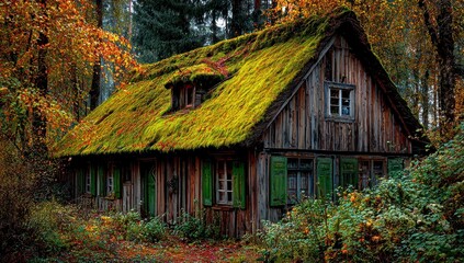 Moss-covered cabin in autumn forest