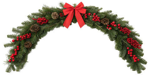 Festive christmas garland arch adorned with red berries pinecones and a bright red bow creating a welcoming entrance for the holiday season