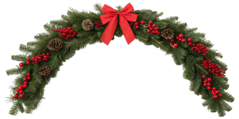 Festive christmas garland arch adorned with red berries pinecones and a bright red bow creating a welcoming entrance for the holiday season