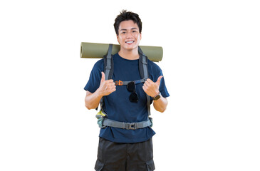 A young man hiker gives a thumbs up while standing on a white background. He is wearing a backpack...