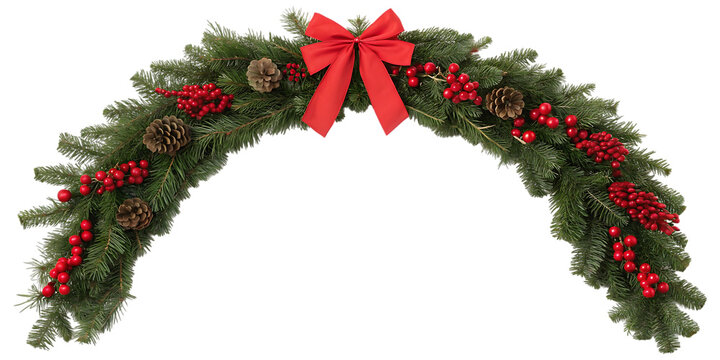 Festive christmas garland arch adorned with red berries pinecones and a bright red bow creating a welcoming entrance for the holiday season