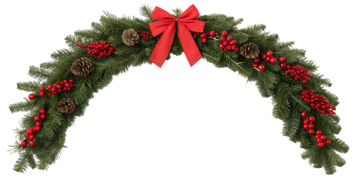 Festive christmas garland arch adorned with red berries pinecones and a bright red bow creating a welcoming entrance for the holiday season