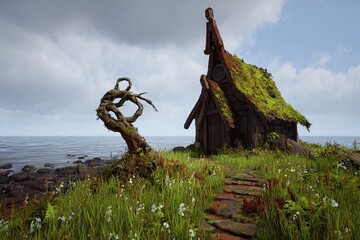 Coastal cabin, mossy roof, weathered wood, dramatic sky.