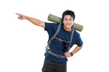 Adventurous hiker pointing forward with a backpack, ready for exploration on png background
