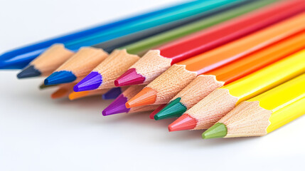 Naklejka premium A close up shot of a row of colored pencils with various colors on a white background surface