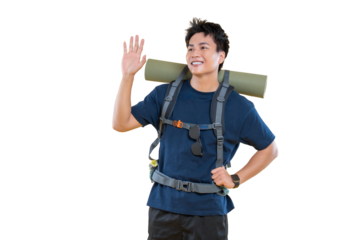 A young man is hiking, waving with a friendly smile and is carrying a backpack on png background
