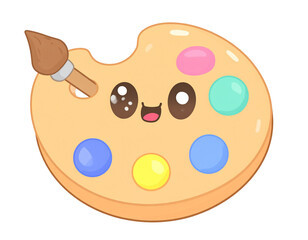 Fototapeta premium Cute Smiling Paint Palette Character with Eyes and Tiny Brush, angled perspective, isolated transparent background png