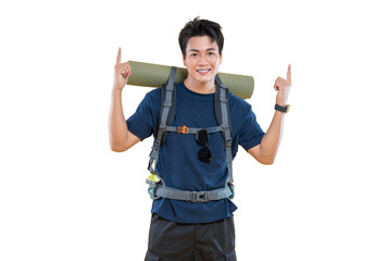A young man stands confidently with a backpack on, ready for an adventure. He points upwards...