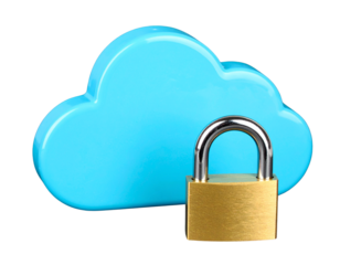  3D Glossy Cloud with Metallic Lock in Front, Angled Perspective, Isolated Transparent Background PNG