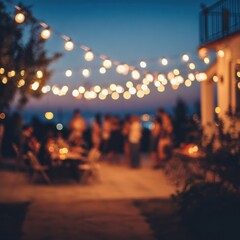 Outdoor Evening Gathering with Warm Lights and Happy People