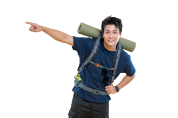 A young man with a backpack pointing towards something. The man is smiling while holding a rolled mat and wearing a dark blue shirt on png background