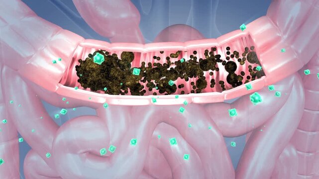 Cleans viruses and bacteria in the intestines, drug molecules clean up stool and food residues, promotes intestinal peristalsis, enhances human immunity, digestive system health concept, 3D rendering.