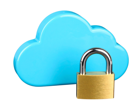  3D Glossy Cloud with Metallic Lock in Front, Angled Perspective, Isolated Transparent Background PNG