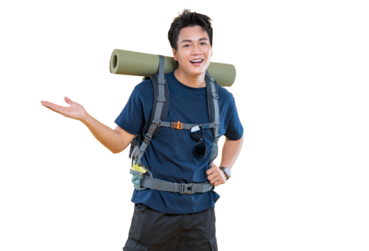 A young man is going hiking with a backpack on png background