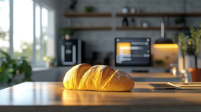 Fresh bread in sunlit kitchen with warm natural lighting and minimalist backdrop, ideal for food photography, recipe designs, healthy eating campaigns, or culinary advertising.