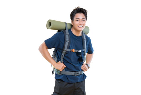 A smiling young man ready for an adventure with his backpack on a white background. He is looking straight at the camera, appearing excited to start his journey