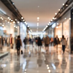 Blurry Perspective of Busy Retail Mall with Shoppers and Stores