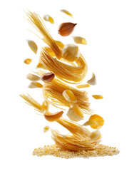 A Realistic Photo of Meet-Ball Spaghetti Ingredients with Flying on Transparent Background.