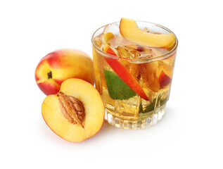 Refreshing iced peach tea in glass and fresh fruits isolated on white