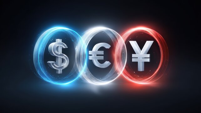 global economy policy challenges. Digital representation of currency symbols in glowing circles.