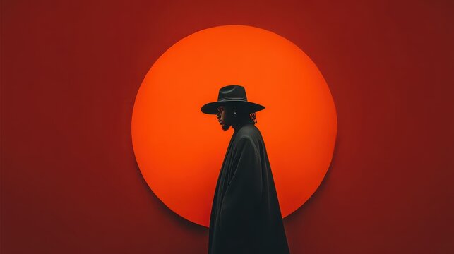 Stylish man in a black hat and coat poses before a bold orange circle. Use this for fashion, music, or concepts of individuality and confidence.
