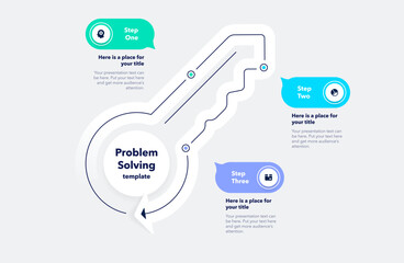 Problem solving process infographic template with three options or steps and a key as a main symbol. Simple flat diagram for project data visualization.