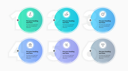 Infographic label design template with six options or steps. Flat circular process diagram with numbers and icons for workflow layout, presentation or web design.