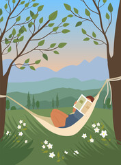 Girl with a magazine resting in a hammock. Mountain landscape in the background.