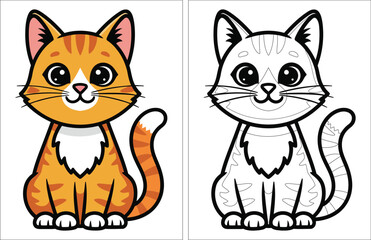Cartoon illustration of a cat with orange stripes and a line art version for coloring page use
