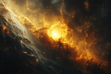 Obraz premium Vibrant Golden Nebula in Deep Space - Cosmic Formation space cosmic golden formation cosmos universe