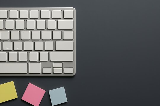 Overhead close-up of a blank white keyboard with matte keys, perfectly aligned on a slate gray desk. Soft directional lighting creates subtle shadows between keys. Negative space occupies 40%