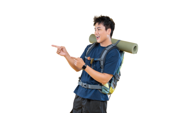 A hiker with a backpack enthusiastically pointing in the direction of his next adventure, on png background
