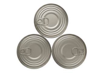 Three Silver Metal Canned Food Containers with Pull Tabs on Transparent Background