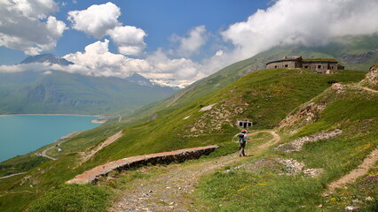 Lac du Mont Cenis (Mont Cenis lake) pictured from a hiking trail north of the lake, Savoie,...