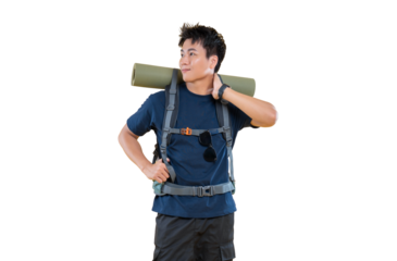 A young man preparing for an outdoor adventure with a backpack and a mat, looking forward with curiosity on png background