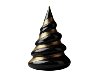 Black and Gold Cone Shaped Christmas Tree Ornament Glitter Texture Spiral Design isolated on a transparent background