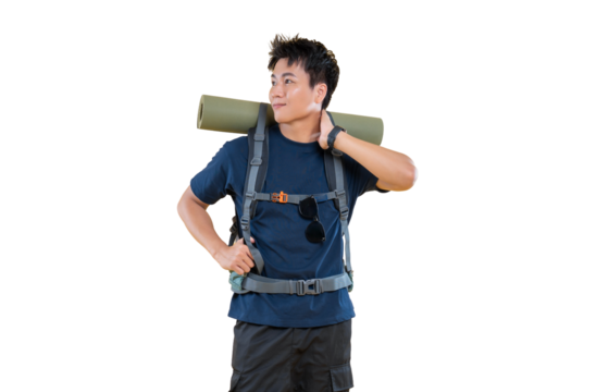 A young man preparing for an outdoor adventure with a backpack and a mat, looking forward with curiosity on png background