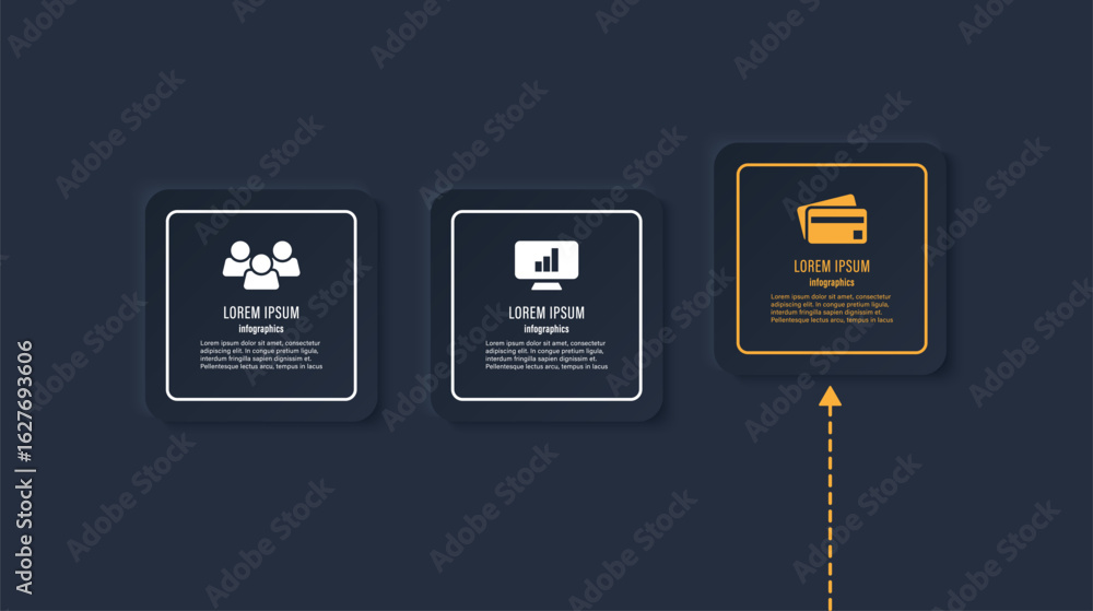 Poster three steps process horizontal dark infographic template in neumorphism style. business and marketin