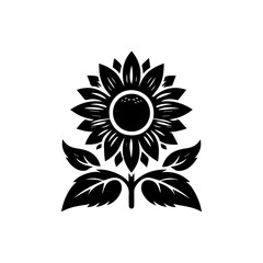 Stylized Black Sunflower Silhouette with Leaves.