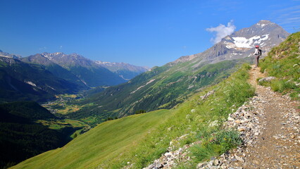 The impressive summit Dent Parrachee (on the right) viewed from a hiking trail leading to the Lac...