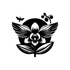 Stylized Black Orchid with Butterfly and Berries.
