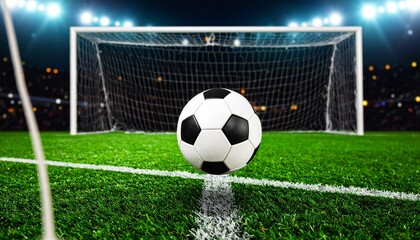 Soccer ball resting on white line under stadium lights before kickoff.