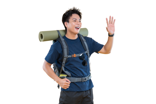 A young man waving while hiking with a backpack. He's wearing a backpack with camping supplies and a cheerful expression on png background - Powered by Adobe