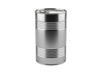 Shiny Silver Metal Canister with Striped Design and Smooth Surface on Transparent Background