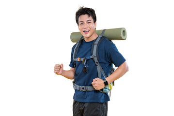 A male hiker with a backpack and sleeping pad smiles ready to explore on png background