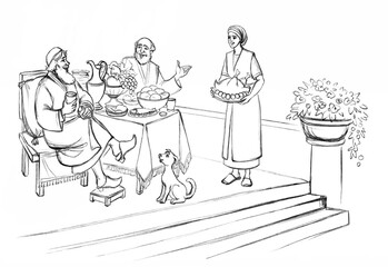 Obraz premium East arab old male jew guy hold cup wine fun event dog retro home veil cloth. Hand draw biblic god story art sketch happy joy smile talk slave chef cook lady work job carry give tasty bake bird tray